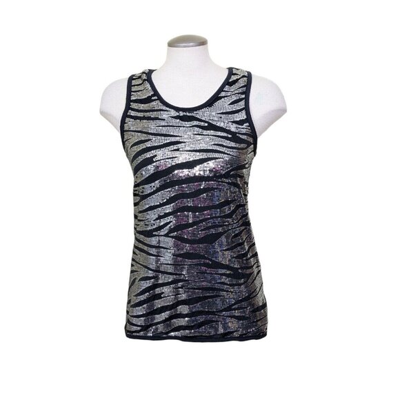 River Island Sequin Tank Top Womens XL Black Animal Print Tiger Stretch Sparkle - Picture 1 of 6